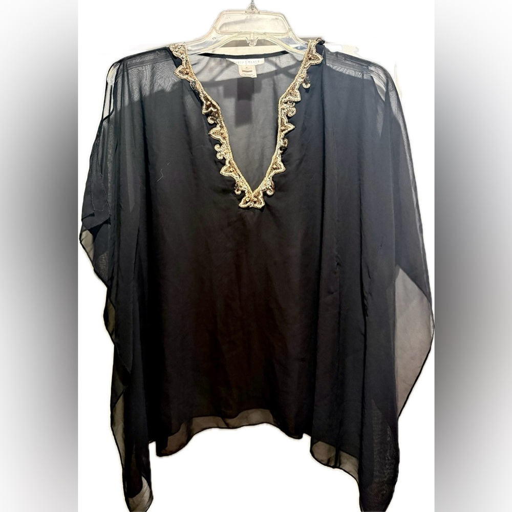 White House Black Market black sheer nylon boho beaded poncho M